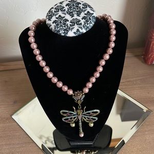 Heidi Daus Dragonfly Necklace Pink and Green Pearls